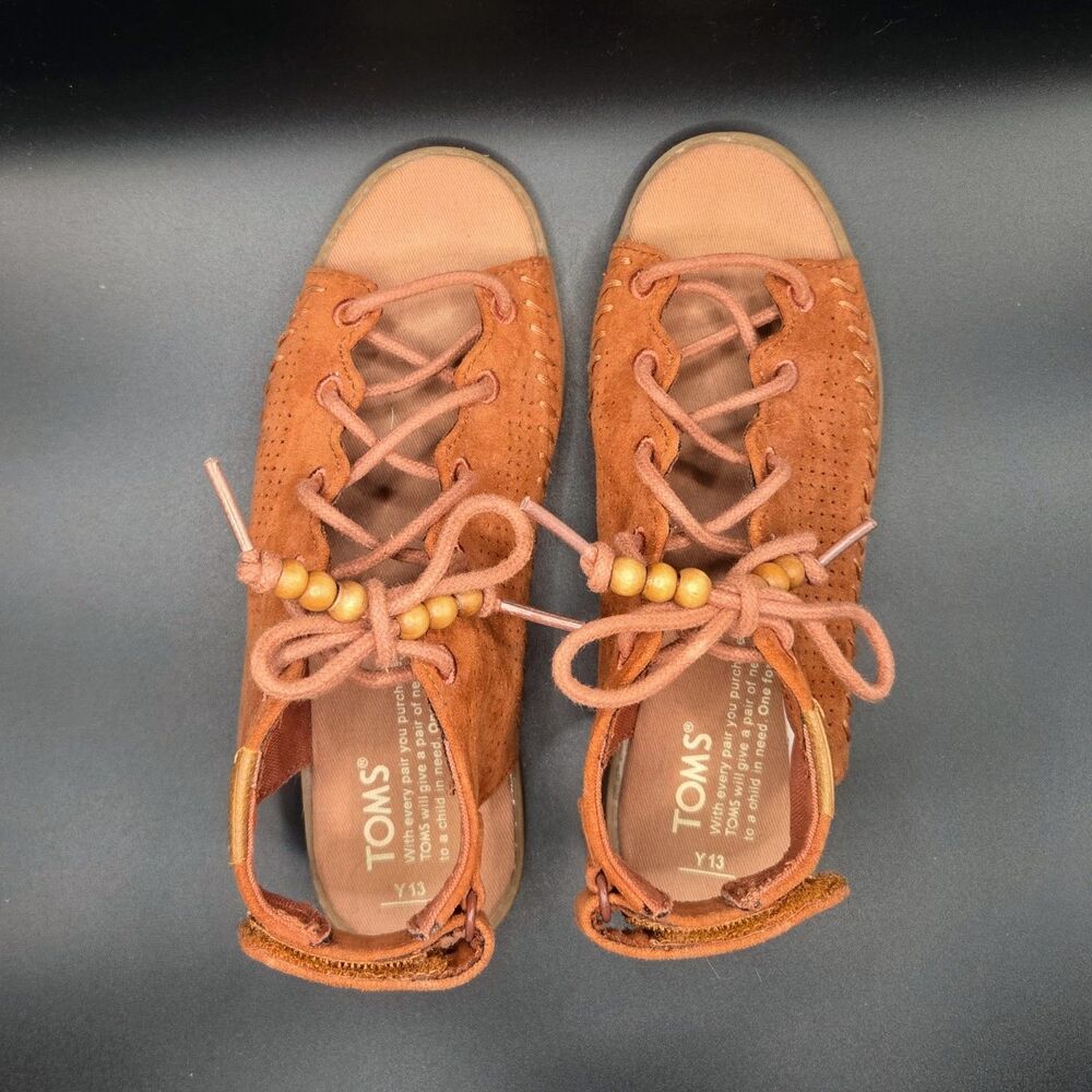 TOMS Kids Uma Suede Wedge Sandals Ginger Terracotta Lace Up Youth Size 13Y NWOT
